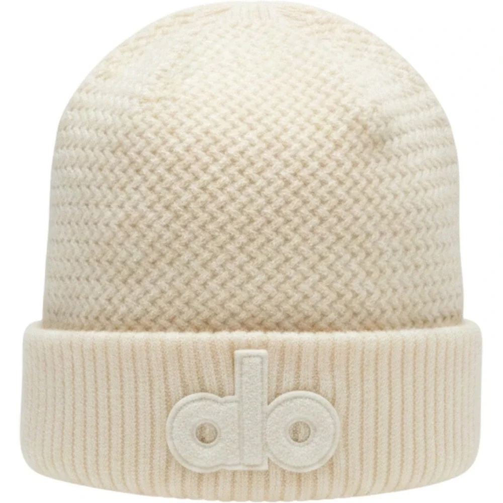 Alo Yoga Merino Wool Blend Beanie Ivory Cream Textured Knit Logo Hat OS